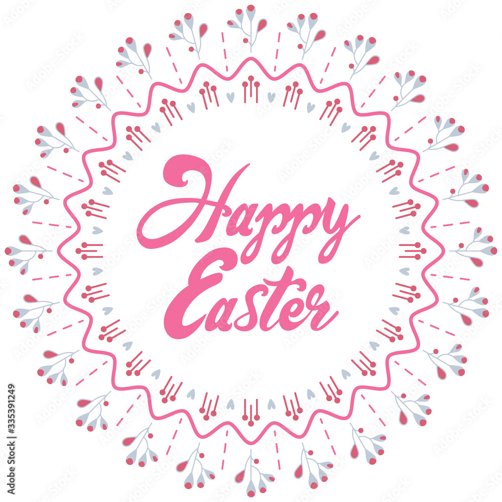 Greeting Card with Text Happy Easter. Mandala with Branches, pink leaves