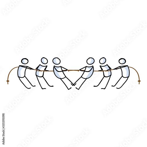 Hand drawn stick figures playing tug of war vector illustration. Competitive effort to win rope sport. Cartoon graphic picture of teamwork and strength for success. Vector cooperation contest. 