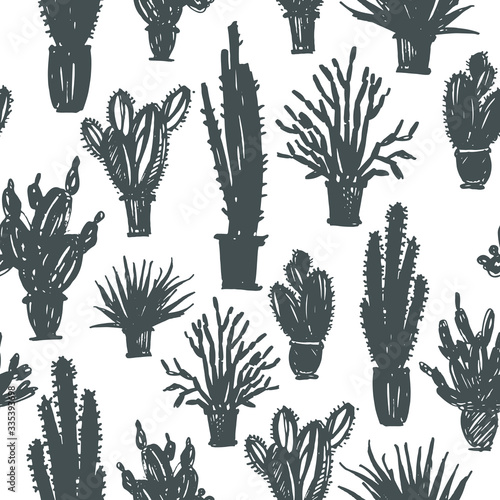 Seamless pattern with hand drawn cactus in a pot. Hand drawn brush style modern calligraphy. 