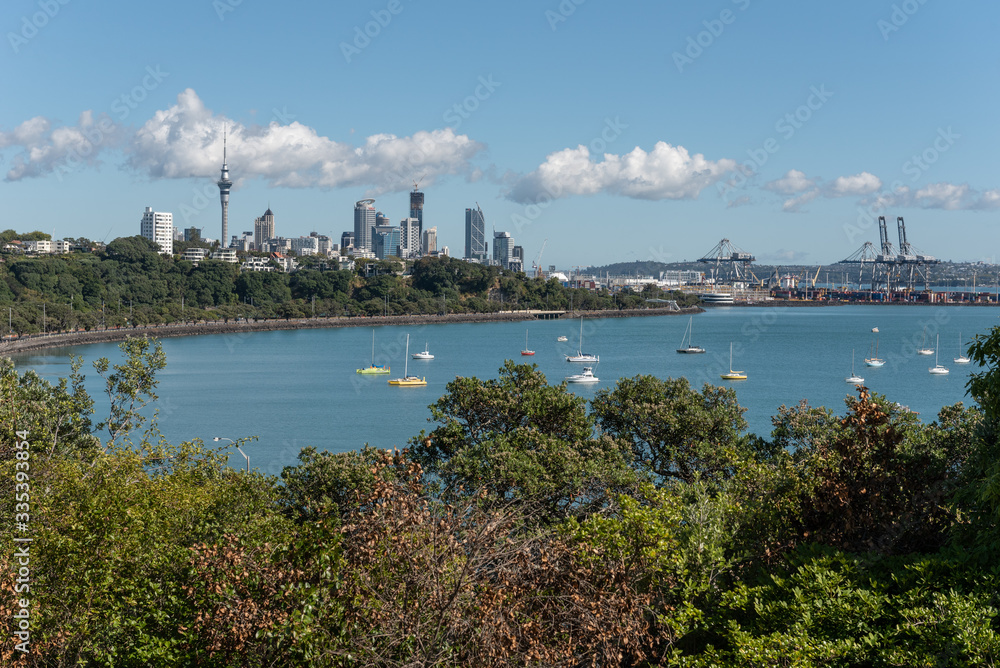 View of the Auckland City skyline and the port from an elevated location in Orakei across Hobson Bay. On a sunny afternoon. with boat moored in the harbour.