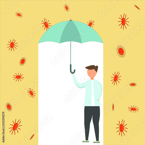 Man hiding under umbrella. Concept of stay at home, self-isolation, quarantine, protection against pandemic coronavirus, viral infection, social distance. Modern flat vector illustration.