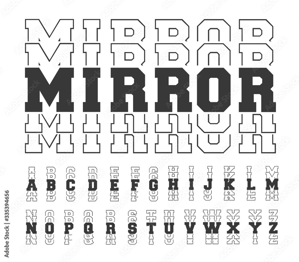 Varsity mirror font, college alphabet, sport font, letters and numbers. Sports echo font for t-shirts.
College alphabet, great design for tshirt, banner, invitation. 