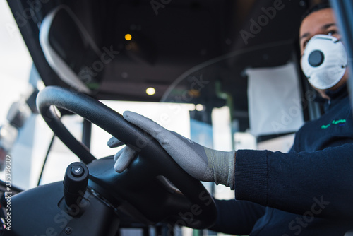 busdriver busdriver wears a face mask to protect himself from the coronavirus epidemic. Pandemic coronavirus 2020. Quarantine.Virus concept. Epidemic infection.
