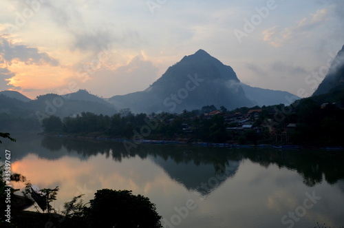 Nong Khiaw panoramic view of Nam On River and the sunset