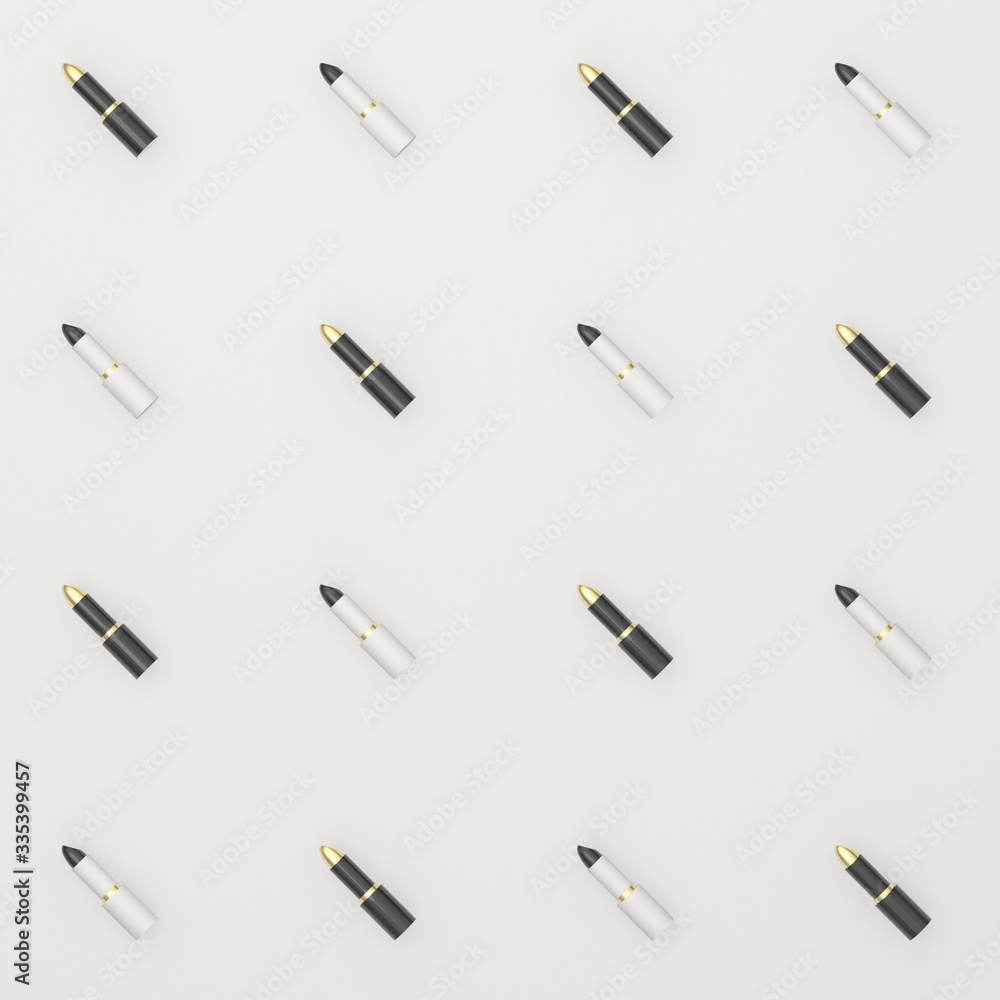 Background from black and white lipsticks on a light background. Fashionable 3D illustration.