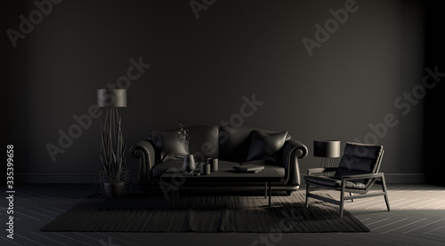Dark room, poster background with empty wall, sofa, chair, plant, carpet and curtain in monochrome black color, 3d rendering