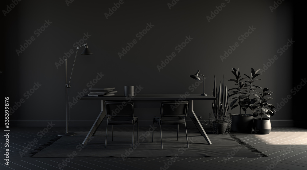 Dark color office, poster background with empty wall, sofa, chair, plant, carpet and curtain in  monochrome black color, 3d rendering