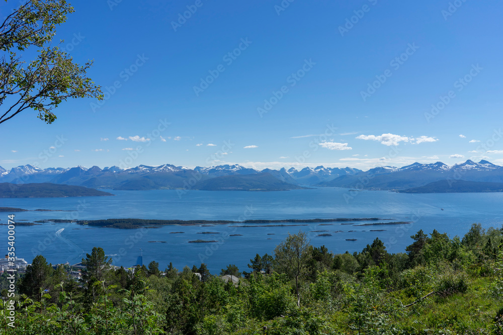 Panoramic mountain view with some islands in the fjord in Molde, Norway