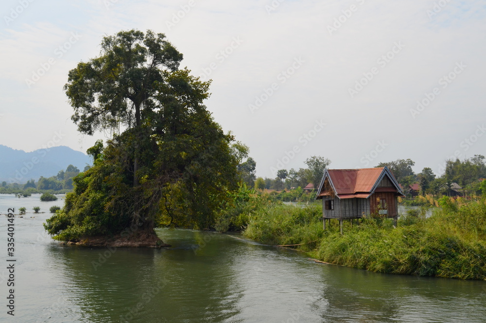 Bamboo cottage in a little island of the Mekong River, The Si Phan Don.