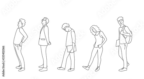 Line drawing illustration of people standing in line.