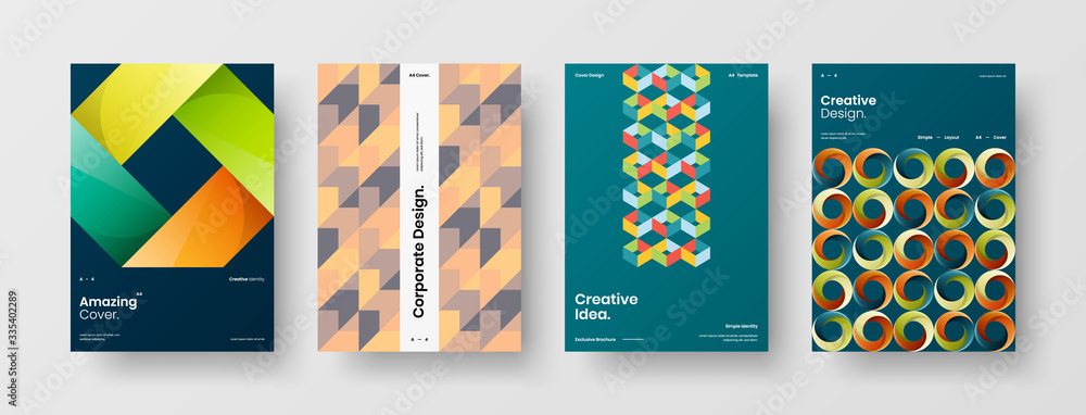 Fototapeta premium Company identity brochure template collection. Business presentation vector A4 vertical orientation front page mock up set. Corporate report cover abstract geometric illustration design layout bundle.