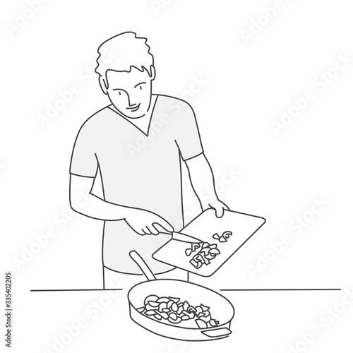 Line drawing illustration of man cooking at home.