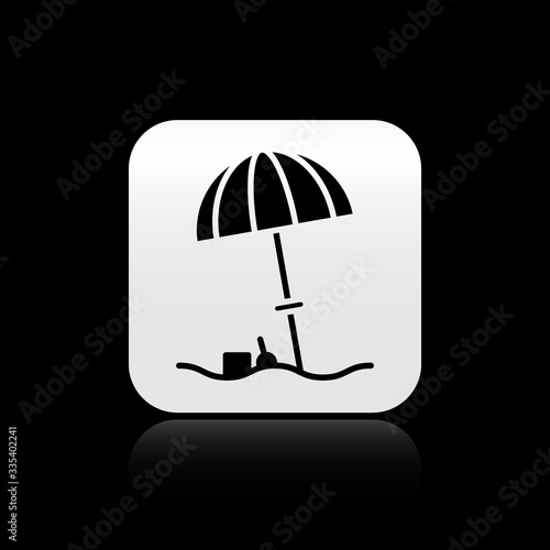 Black Sun protective umbrella for beach icon isolated on black background. Large parasol for outdoor space. Beach umbrella. Silver square button. Vector Illustration