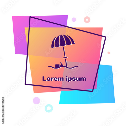 Purple Sun protective umbrella for beach icon isolated on white background. Large parasol for outdoor space. Beach umbrella. Color rectangle button. Vector Illustration