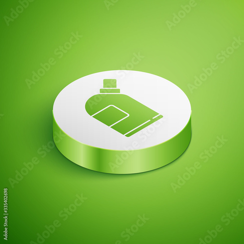 Isometric Plastic bottles for laundry detergent, bleach, dishwashing liquid or another cleaning agent icon isolated on green background. White circle button. Vector Illustration