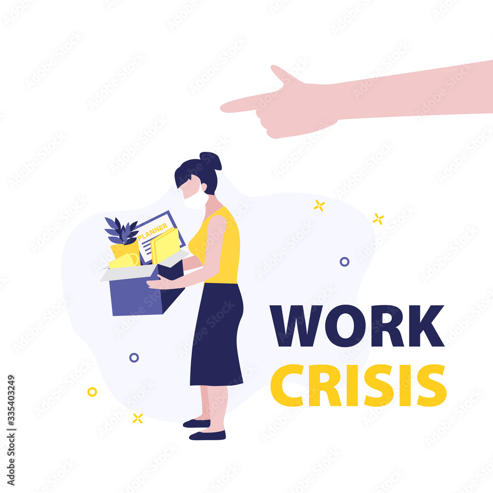 Vector illustration of fired woman in mask with box with her work stuff such as plant, planner, cup and documents and hand pointing to get out. Jobless, lose job cause coronavirus. Uneployment person Vector illustration of fired woman in mask with box with her work stuff such as plant, planner, cup and documents and hand pointing to get out. Jobless, lose job cause coronavirus. Uneployment person