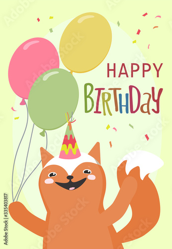 Happy birthday card with cute hand drawn animals. Birthday party.