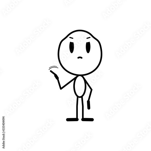 Man will say no with his finger. A cartoon character prohibits or disagrees with something. Vector line illustration on a white background.
