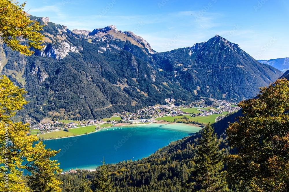 View on Achensee - Achen Lake, with blue sky, alps mountains. Pertisau. Tyrol, Tirol. Austria