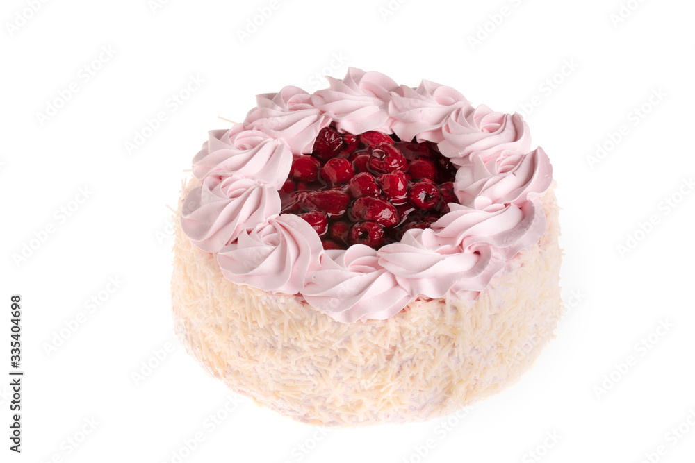 Cherry cake with air cream and coconut chips on white background Cherry cake with air cream and coconut chips on white background