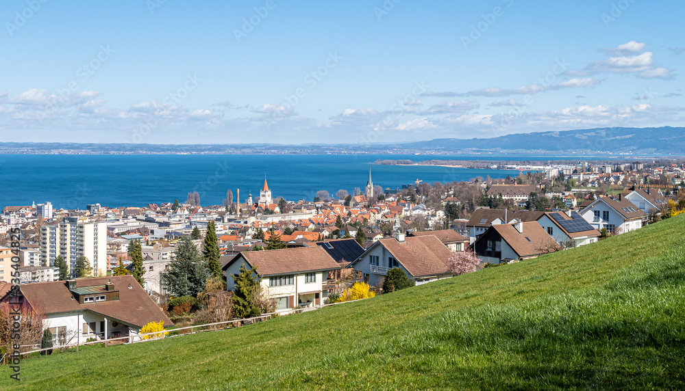 Fototapeta premium RORSCHACH, SWITZERLAND - MARCH 13, 2020: Panoramic view of the Swiss town of Rorschach on the south bank of Lake Constance, with approx. 35000 inhabitants. 
