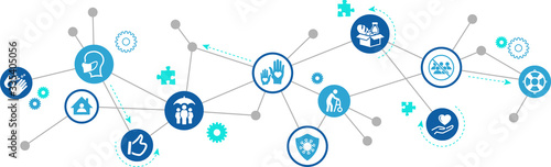 solidarity and support during corona outbreak vector illustration. Concept with connected icons related to covid lockdown help, social support, charity and assistance.