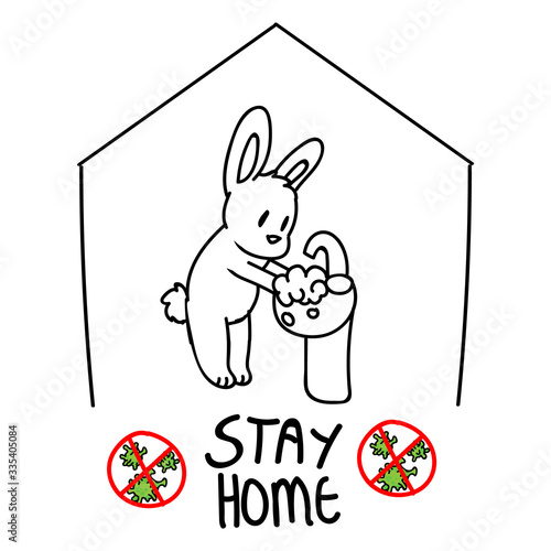 Corona virus covid 19 stay home cute bunny in monochrome lineart activity infographic. Self isolate support. Rabbit washing hands graphic. Viral isolation information. Vector caution sars cov 2 help.