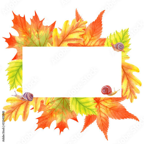 Autumn season banner. Greeting card with  hand drawn watercolor fall leaves. Modern design poster with watercolor colorful foliage of yellow  orange and red color.