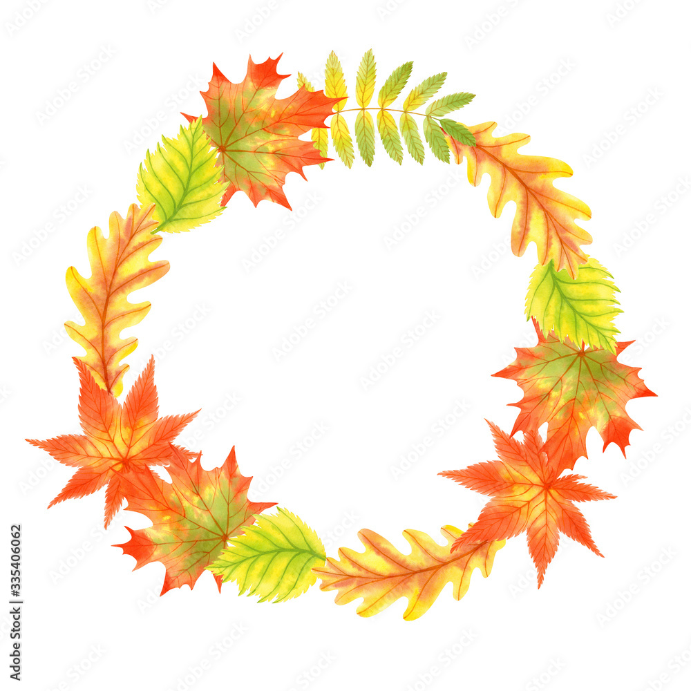 Autumn season banner. Greeting card with  hand drawn watercolor fall leaves. Modern design poster with watercolor colorful foliage of yellow, orange and red color.