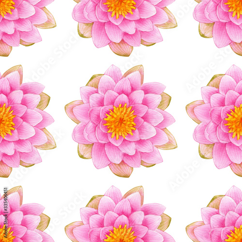 Seamless pattern with colorful water lily. Floral botanical flower. Watercolor with pink water lily for background, texture, wrapper pattern, web design. photo