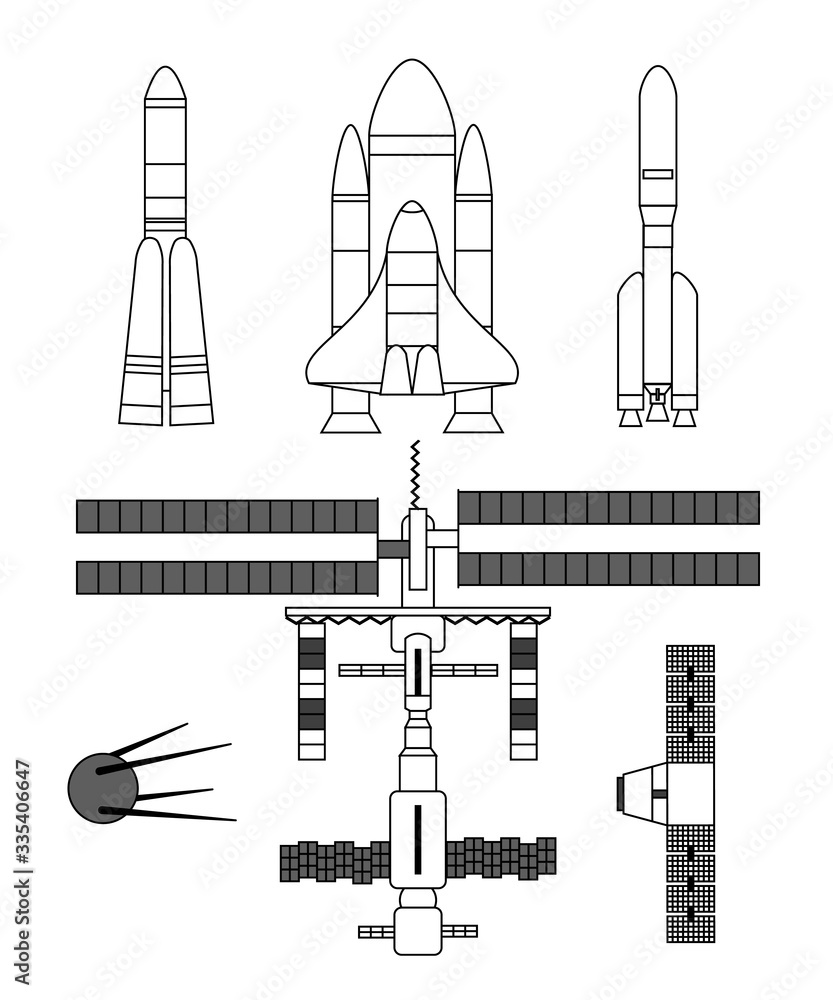 Space rockets, artificial Earth satellite and international space station. Black-and-white vector illustration