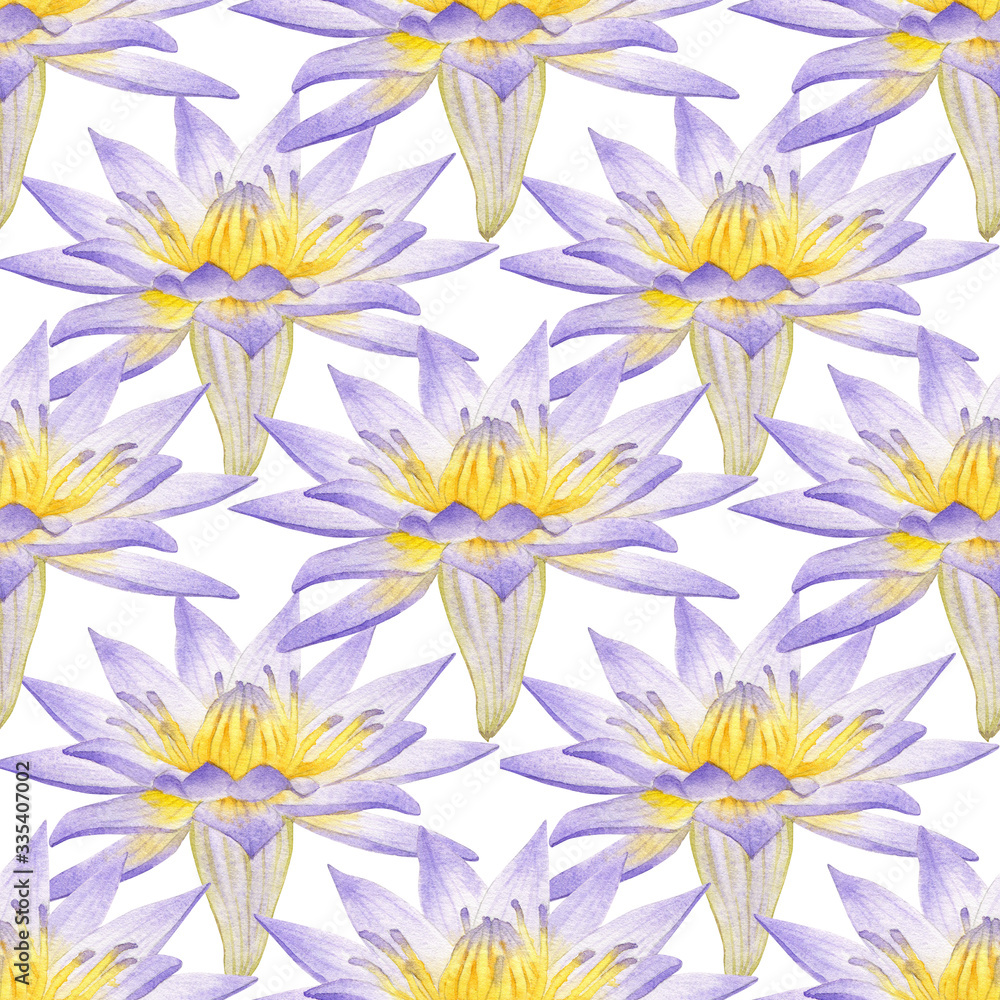 Seamless pattern with colorful water lily.  Watercolor with purple water lily for background, texture, wrapper pattern, web design.
