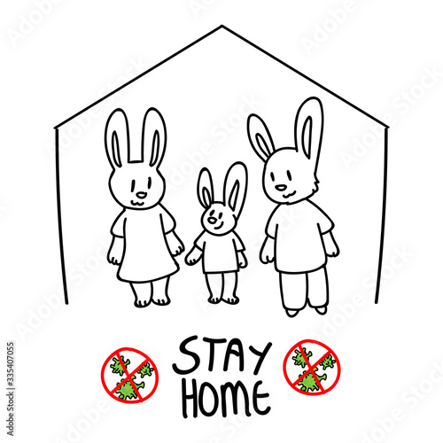 Corona virus covid 19 self isolate cute bunny family monochrome lineart. News broadcast quarantine support. Medical poster. Banner black white. Viral isolation information. Caution support help