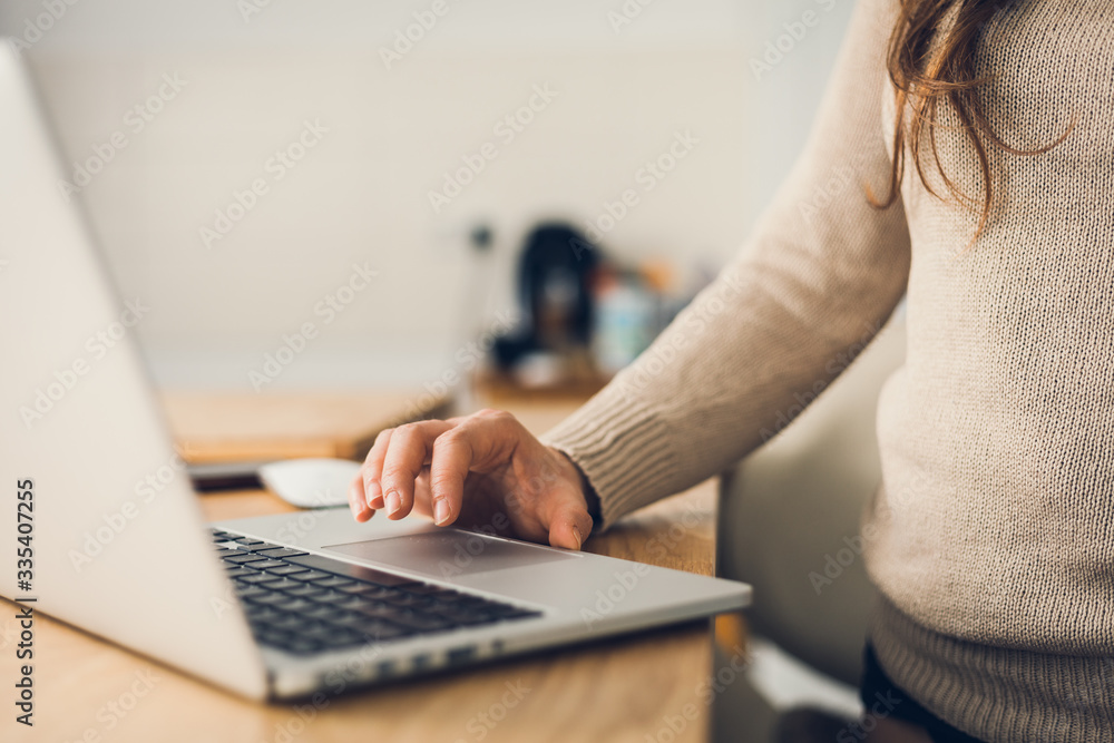Fototapeta premium Young woman working on laptop computer at home due to corona virus pandemic. Working remotely concept.