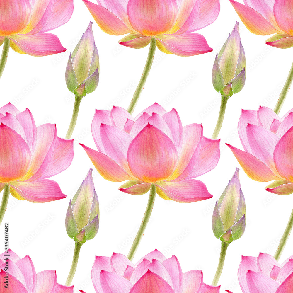 Fototapeta premium Lotus watercolor illustraton isolated on white background. Seamless pattern with colorful lotuses.