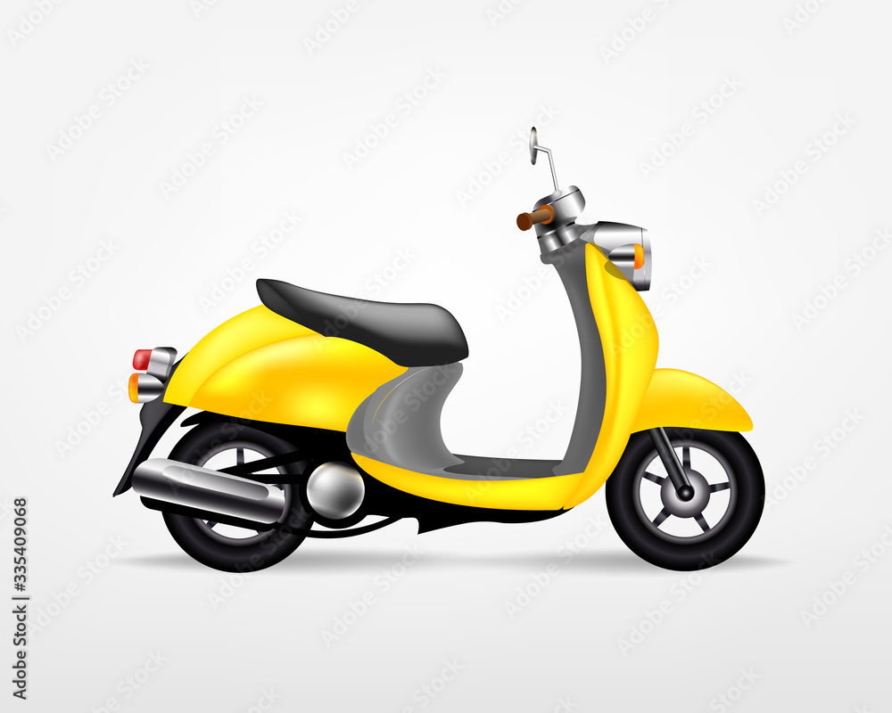 Trendy yellow electric scooter, isolated on white background. Isolated vector electric motorbike, template for branding and advertising. Trendy yellow electric scooter, isolated on white background. Isolated vector electric motorbike, template for branding and advertising.