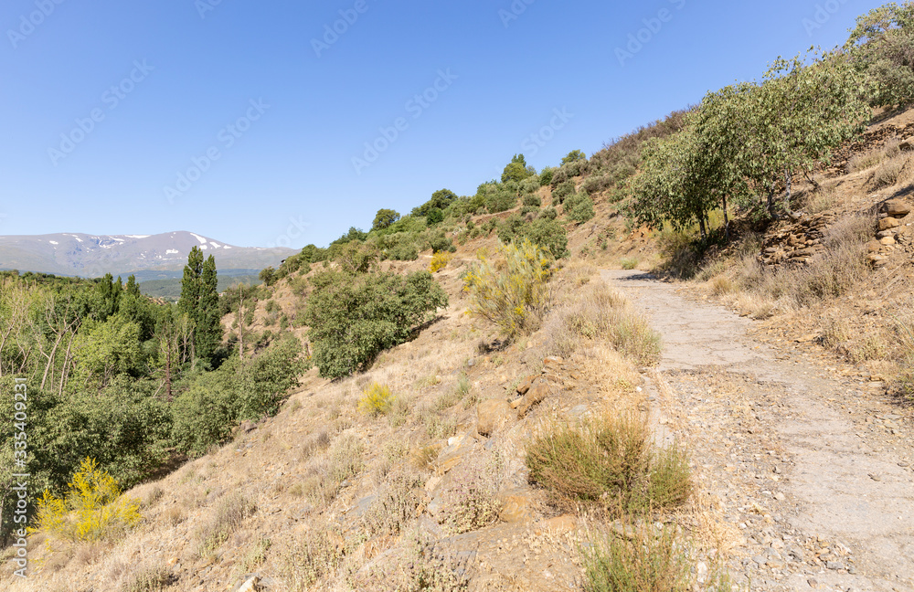 a country road approaching Jerez del Marquesado town and a view of Sierra Nevada, province of Granada, Andalusia, Spain