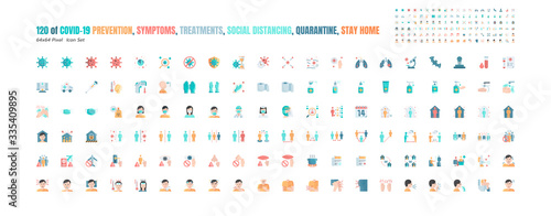 Simple Set of Covid-19 Prevention Flat Icons. such Icons as Protective Measures, Coronavirus, Hygienic Healthcare, Social Distancing, Hands Washing, Symptoms, Quarantine, Stay at Home. 64x64 Pixel.