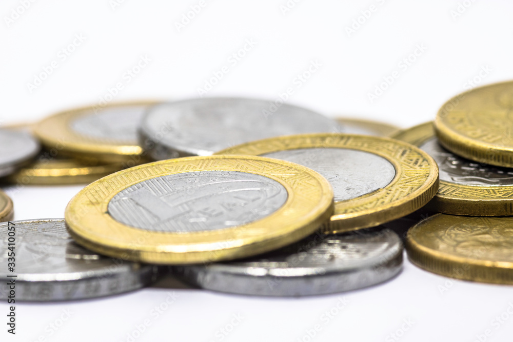 Brazilian money real coins in white background Brazilian money real coins in white background