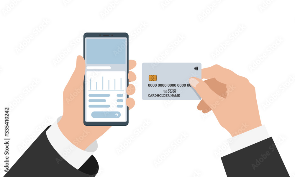 Businessman hand holding smartphone with online banking mobile app and credit card. Buy payment process and bank account balance vector illustration Businessman hand holding smartphone with online banking mobile app and credit card. Buy payment process and bank account balance vector illustration