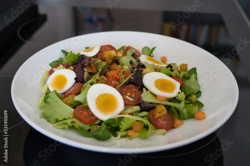 Gemischter veganer Bio Salat Teller mit Tomaten, Eier und Croutons, Prduktbild