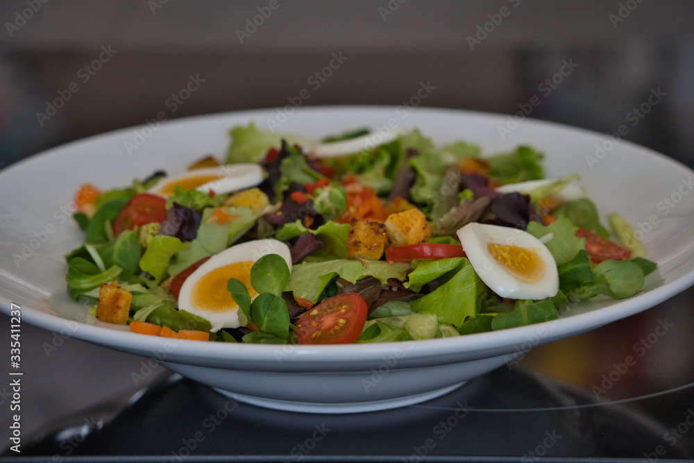 Gemischter veganer Bio Salat Teller mit Tomaten, Eier und Croutons, Prduktbild Gemischter veganer Bio Salat Teller mit Tomaten, Eier und Croutons, Prduktbild