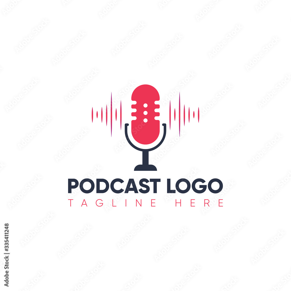 Podcast radio icon. Studio table microphone with broadcast. Webcast audio record concept logo. Podcast radio icon. Studio table microphone with broadcast. Webcast audio record concept logo.