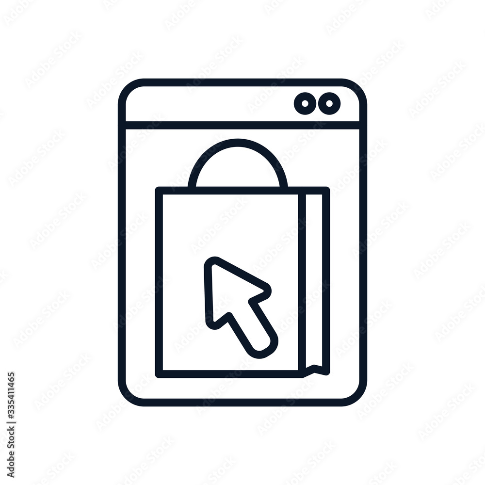 shopping online concept, web page with shopping bag with cursor icon, line style shopping online concept, web page with shopping bag with cursor icon, line style