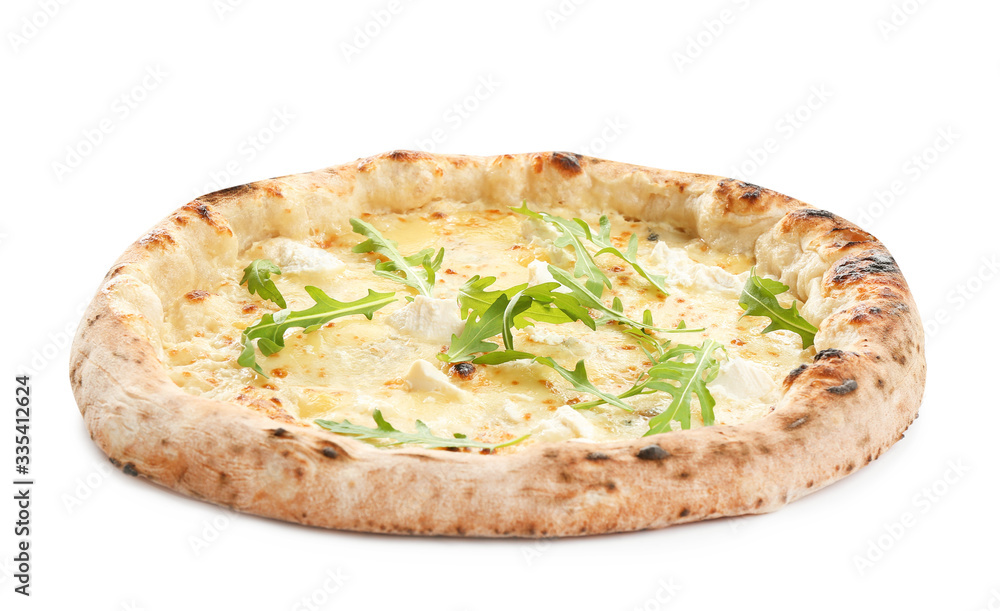 Delicious cheese pizza with arugula isolated on white Delicious cheese pizza with arugula isolated on white