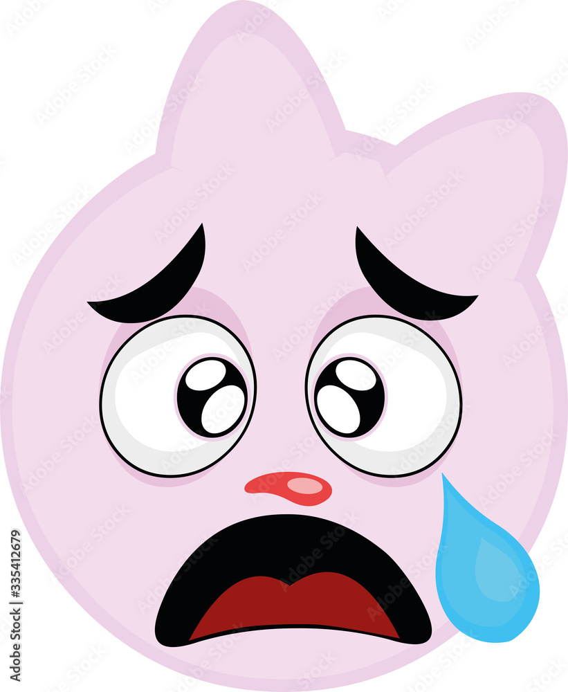 Vector illustration of a cartoon pink cat, with a tearful expression Vector illustration of a cartoon pink cat, with a tearful expression