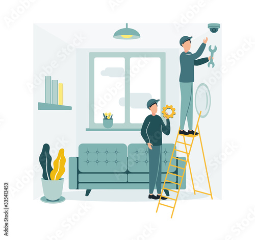 Illustration of CCTV installation. Mounting a camcorder. A man stands on the stairs sets up a video camera. Man holds a wrench. A man holds a gear.