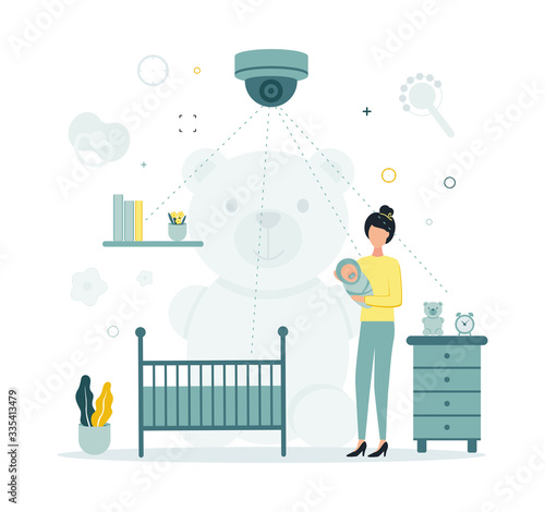 Illustration of video surveillance. Supervision of the nanny and the child. Video surveillance in the children's room. Video control. The camera takes off the nanny. A woman holds a baby in a room.