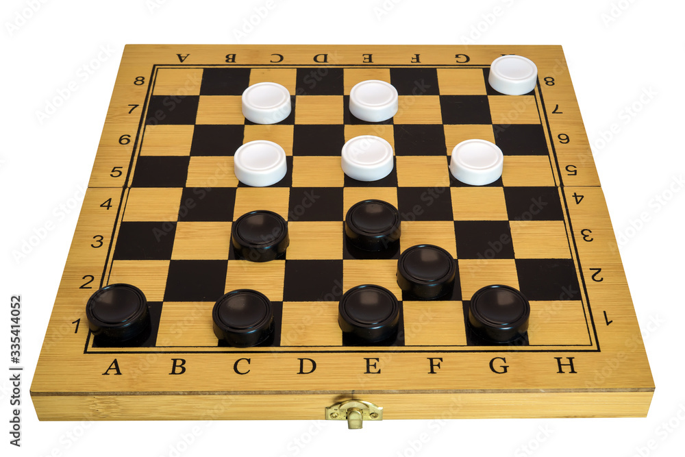 Checkers Board Game. Board with checkers isolate on a white background close-up. Checkers Board Game. Board with checkers isolate on a white background close-up.