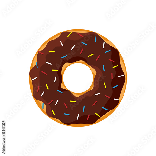 Cartoon colorful tasty donut isolated on white background. Chocolate glazed doughnut top view for cake cafe decoration or menu design. Vector flat illustration
